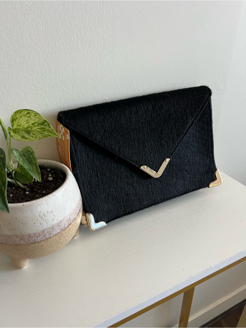 Elaine Turner Black Envelope Clutch with Fur and Gold Accents